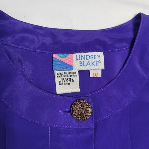 VINTAGE 90s blouse bright purple pleated button up secretary top XL - Picture 6 of 12